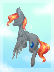 Size: 808x1080 | Tagged: safe, artist:kassandravuds, oc, oc only, pegasus, pony, commission, digital art, eyes closed, female, flying, mare, multicolored hair, multicolored mane, multicolored tail, sky, solo, spread wings, wings, ych result