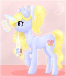 Size: 739x858 | Tagged: safe, artist:kassandravuds, oc, oc only, pony, unicorn, bow, commission, digital art, ear fluff, female, glowing horn, gradient background, hair bow, horn, magic, mare, paper, shopping, shopping bag, signature, solo, telekinesis, ych result