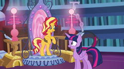Size: 1920x1080 | Tagged: safe, screencap, sunset shimmer, twilight sparkle, alicorn, pony, unicorn, equestria girls, equestria girls series, forgotten friendship, bipedal, duo, horses doing human things, in the human world for too long, magic mirror, rearing, twilight sparkle (alicorn)