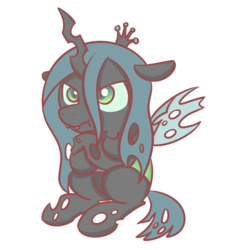 Size: 1280x1280 | Tagged: safe, artist:sugar morning, queen chrysalis, changeling, changeling queen, pony, g4, angry, chibi, crossed arms, cute, cutealis, fangs, female, grumpy, outline, simple background, sitting, solo, sticker, transparent background, white outline