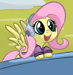 Size: 317x325 | Tagged: safe, artist:lyricjam, fluttershy, pegasus, pony, best gift ever, g4, :d, clothes, cute, earmuffs, female, fluttershy's purple sweater, happy, leaning, looking at something, mare, open mouth, shyabetes, smiling, solo, spread wings, sweater, sweatershy, wings, winter outfit