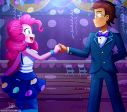 Size: 1260x1120 | Tagged: safe, artist:the-butch-x, pinkie pie, oc, oc:copper plume, equestria girls, g4, blushing, bowtie, canon x oc, clothes, commission, commissioner:imperfectxiii, copperpie, dance floor, dress, duo, female, glasses, happy, holding hands, leggings, male, signature, straight, suit