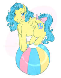 Size: 800x1015 | Tagged: safe, artist:suzanami, bouncy, pegasus, pony, g1, beach ball, blushing, bow, female, simple background, so soft, so soft pony, solo, tail bow