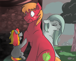 Size: 2000x1600 | Tagged: safe, artist:mylittlegodzilla, big macintosh, marble pie, oc, oc:grim butterfly, pony, g4, alternate universe, female, filly, offspring, parent:big macintosh, parent:marble pie, parents:marblemac, story in the source, story included, you're the father