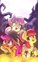 Size: 2500x4000 | Tagged: safe, artist:rockset, apple bloom, scootaloo, sweetie belle, earth pony, pegasus, pony, unicorn, vampire, g4, bow, clothes, costume, cutie mark crusaders, fangs, female, filly, full moon, hair bow, halloween, hat, holiday, moon, mummy, open mouth, pumpkin, trio, witch, witch hat