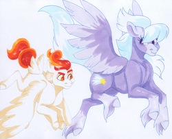 Size: 3094x2516 | Tagged: safe, artist:frozensoulpony, cloudchaser, oc, oc:rainbow gale, pony, g4, colt, female, high res, long feather, magical lesbian spawn, male, mother and son, offspring, parent:cloudchaser, parent:rainbow dash, traditional art