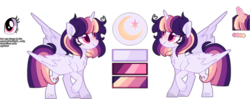 Size: 4533x1799 | Tagged: dead source, safe, artist:moon-rose-rosie, oc, oc only, oc:celestial moon, alicorn, pony, female, magical lesbian spawn, mare, offspring, parent:rainbow dash, parent:twilight sparkle, parents:twidash, reference sheet, simple background, solo, transparent background