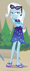 Size: 355x840 | Tagged: safe, screencap, trixie, equestria girls, equestria girls series, forgotten friendship, g4, belly button, bikini, bikini top, clothes, cropped, crossed arms, cutie mark, cutie mark on clothes, feet, female, flip-flops, geode of empathy, geode of fauna, geode of shielding, geode of sugar bombs, geode of super speed, geode of super strength, geode of telekinesis, magical geodes, pose, sandals, sarong, sexy, solo, stupid sexy trixie, sultry pose, sunglasses, swimsuit