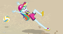 Size: 1495x813 | Tagged: safe, screencap, rainbow dash, equestria girls, equestria girls specials, g4, my little pony equestria girls: better together, my little pony equestria girls: forgotten friendship, armpits, arms in the air, belly button, clothes, feet, female, flip-flops, geode of super speed, hands in the air, magical geodes, midriff, sandals, solo, sports, swimsuit, toes, volleyball