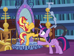 Size: 1420x1079 | Tagged: safe, screencap, sunset shimmer, twilight sparkle, alicorn, pony, unicorn, equestria girls, equestria girls specials, g4, my little pony equestria girls: better together, my little pony equestria girls: forgotten friendship, female, in the human world for too long, mirror portal, twilight sparkle (alicorn)
