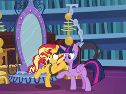 Size: 1452x1079 | Tagged: safe, screencap, sunset shimmer, twilight sparkle, alicorn, pony, unicorn, equestria girls, equestria girls series, forgotten friendship, g4, in the human world for too long, mirror portal, twilight sparkle (alicorn), twilight's castle