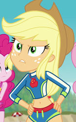 Size: 674x1079 | Tagged: safe, screencap, applejack, equestria girls, equestria girls specials, g4, my little pony equestria girls: better together, my little pony equestria girls: forgotten friendship, belly button, clothes, cropped, geode of super strength, hand on hip, magical geodes, swimsuit