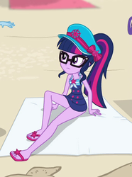 Size: 350x471 | Tagged: safe, screencap, sci-twi, twilight sparkle, equestria girls, equestria girls specials, g4, my little pony equestria girls: better together, my little pony equestria girls: forgotten friendship, clothes, cropped, feet, female, flip-flops, glasses, ponytail, sandals, schrödinger's pantsu, sci-twi swimsuit, solo, swimsuit
