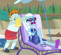 Size: 1048x934 | Tagged: safe, screencap, snips, trixie, equestria girls, equestria girls series, forgotten friendship, g4, beach chair, chair, clothes, cropped, duo, feet, female, male, sandals, sarong, sunglasses, swimming trunks, swimsuit, tan lines