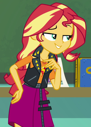 Size: 655x916 | Tagged: safe, screencap, sunset shimmer, equestria girls, equestria girls specials, g4, my little pony equestria girls: better together, my little pony equestria girls: forgotten friendship, clothes, cropped, female, geode of empathy, jacket, leather jacket, magical geodes, raised eyebrow, skirt, solo
