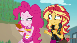 Size: 1920x1080 | Tagged: safe, screencap, pinkie pie, sunset shimmer, equestria girls, equestria girls specials, g4, my little pony equestria girls: better together, my little pony equestria girls: forgotten friendship, cellphone, clothes, geode of empathy, geode of sugar bombs, jewelry, magical geodes, necklace, phone, pinkie pie swimsuit, smartphone, swimsuit