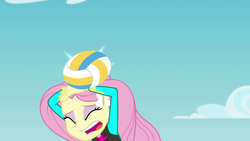Size: 1920x1080 | Tagged: safe, screencap, fluttershy, equestria girls, equestria girls specials, g4, my little pony equestria girls: better together, my little pony equestria girls: forgotten friendship, clothes, female, fluttershy's wetsuit, geode of fauna, magical geodes, ouch, solo, sports, swimsuit, throwing things at fluttershy, volleyball, wetsuit