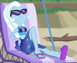 Size: 780x632 | Tagged: safe, screencap, trixie, equestria girls, equestria girls specials, g4, my little pony equestria girls: better together, my little pony equestria girls: forgotten friendship, beach chair, chair, clothes, cropped, cute, diatrixes, feet, female, flip-flops, sandals, sarong, solo, swimsuit, toes