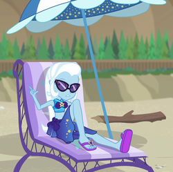 Size: 1083x1079 | Tagged: safe, screencap, trixie, equestria girls, equestria girls specials, g4, my little pony equestria girls: better together, my little pony equestria girls: forgotten friendship, beach chair, chair, clothes, cropped, feet, female, flip-flops, sandals, sarong, solo, swimsuit