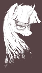 Size: 588x1018 | Tagged: safe, artist:sunibee, stygian, pony, unicorn, g4, darkness, digital art, frown, lidded eyes, looking back, male, monochrome, simple background, solo, stallion