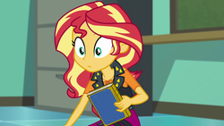 Size: 1920x1080 | Tagged: safe, screencap, sunset shimmer, equestria girls, equestria girls specials, g4, my little pony equestria girls: better together, my little pony equestria girls: forgotten friendship, book, female, geode of empathy, magical geodes, solo