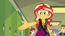 Size: 1920x1080 | Tagged: safe, screencap, nolan north, starlight, sunset shimmer, teddy t. touchdown, equestria girls, equestria girls specials, g4, my little pony equestria girls: better together, my little pony equestria girls: forgotten friendship, :t, background human, geode of empathy, magical geodes, smiling