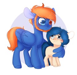 Size: 2228x2160 | Tagged: safe, artist:aliceub, oc, oc only, earth pony, pegasus, pony, beard, duo, facial hair, female, filly, heterochromia, high res, hug, male, simple background, stallion, winghug