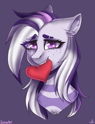 Size: 1300x1700 | Tagged: safe, artist:serodart, oc, oc only, pony, bust, ear fluff, female, freckles, heart, looking at you, mouth hold, purple background, shy, simple background, solo