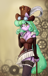 Size: 3240x5160 | Tagged: safe, artist:shamziwhite, oc, oc only, oc:taffy fizzlespark, anthro, absurd resolution, breasts, cane, cleavage, clothes, commission, curly hair, female, garter belt, garter straps, gears, glasses, gloves, hat, long gloves, long hair, ruffles, smiling, solo, standing, steampunk, stockings, thigh highs, ych result