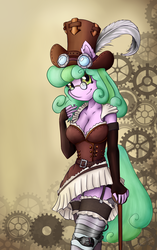 Size: 3240x5160 | Tagged: safe, alternate version, artist:shamziwhite, oc, oc only, oc:taffy fizzlespark, anthro, breasts, cane, cleavage, clothes, commission, curly hair, female, garter straps, gears, glasses, gloves, hat, long gloves, long hair, mechanic, metal, prosthetic leg, ruffles, smiling, socks, solo, standing, steampunk, stockings, thigh highs, ych result