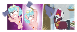 Size: 1200x500 | Tagged: safe, artist:dm29, chancellor neighsay, cozy glow, pegasus, pony, unicorn, g4, school raze, axe, clothes, comic, coward, cozy glow is best facemaker, crazy glow, evil grin, facial hair, female, filly, floppy ears, flying, foal, frown, glare, goatee, grin, halloween, hatchet, here's johnny, holiday, hoof hold, insanity, jack torrance, male, nightmare night, no tail, open mouth, sadism, scared, screaming, simple background, smiling, smirk, spread wings, stallion, the shining, tongue out, transparent background, uvula, volumetric mouth, weapon, wings