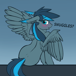 Size: 3000x3000 | Tagged: safe, artist:phenya, oc, oc only, oc:rosy firefly, pegasus, pony, blue mane, blue tail, blushing, bronybait, butt, cyan eyes, ears back, feathered wings, green coat, high res, male, pegasus oc, plot, snuggles?, solo, spread wings, stallion, tail, text, two toned mane, two toned tail, wings