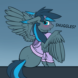 Size: 3000x3000 | Tagged: safe, artist:phenya, oc, oc only, oc:rosy firefly, pegasus, pony, blue mane, blue tail, blushing, bronybait, butt, clothes, cyan eyes, ears back, feathered wings, femboy, green coat, high res, male, pegasus oc, plot, snuggles?, solo, stallion, sweater, tail, text, two toned mane, two toned tail, wings