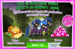 Size: 1040x690 | Tagged: safe, gameloft, descent, nightshade, pegasus, pony, g4, advertisement, clothes, costs real money, costume, crack is cheaper, female, gem, introduction card, male, mare, sale, shadowbolts, shadowbolts (nightmare moon's minions), shadowbolts costume, shadowbolts uniform, stallion