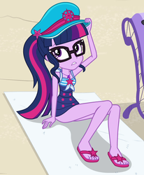 Size: 739x897 | Tagged: safe, screencap, sci-twi, twilight sparkle, equestria girls, equestria girls specials, g4, my little pony equestria girls: better together, my little pony equestria girls: forgotten friendship, ass, beach babe, beach towel, butt, captain hat, clothes, cropped, feet, female, flip-flops, geode of telekinesis, hat, jewelry, magical geodes, necklace, sandals, schrödinger's pantsu, sci-twi swimsuit, sexy, solo, swimsuit