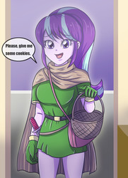 Size: 2137x2952 | Tagged: safe, artist:sumin6301, starlight glimmer, equestria girls, g4, basket, belt, clothes, costume, cute, dialogue, dress, female, glimmerbetes, halloween, halloween costume, high res, holiday, open mouth, skirt, solo, speech bubble, sword, trick or treat, video game crossover, weapon
