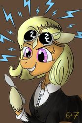 Size: 600x900 | Tagged: safe, artist:sixes&sevens, doctor whooves, time turner, pony, g4, crossover, doctor who, electricity, goggles, inktober, inktober 2018, ponified, smiling, spoon, the doctor, the woman who fell to earth, thirteenth doctor