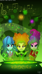 Size: 1300x2250 | Tagged: safe, artist:lennonblack, adagio dazzle, aria blaze, sonata dusk, siren, equestria girls, g4, alternate hairstyle, cauldron, clothes, female, halloween, happy nightmare night, hocus pocus (film), holiday, mary sanderson, music notes, sanderson sisters, sarah sanderson, the dazzlings, trio, winifred sanderson, witch costume