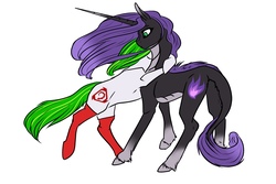 Size: 2560x1713 | Tagged: safe, artist:luna dave, oc, oc only, oc:mystery (kirin), oc:white night, earth pony, kirin, pony, brotherhood of nod, concave belly, cutie mark, female, hug, long mane, red socks, rule 63, simple background, slender, surprised, thin, white background, white hooves