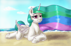 Size: 1575x1015 | Tagged: safe, artist:kelkessel, princess celestia, alicorn, pony, g4, beach, ethereal mane, female, horn, lidded eyes, looking at you, missing cutie mark, ocean, prone, sky, smiling, solo, wings