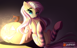 Size: 3888x2423 | Tagged: safe, artist:airiniblock, part of a set, fluttershy, pegasus, pony, rcf community, g4, clothes, cute, featureless crotch, female, halloween, high res, holiday, jack-o-lantern, looking at you, mare, patreon, patreon logo, pumpkin, shyabetes, socks, solo, striped socks