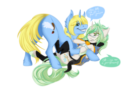 Size: 1383x991 | Tagged: safe, artist:requiem♥, oc, oc only, oc:art's desire, oc:requiem, pony, unicorn, vampire, anxious, blue fur, cheek fluff, clothes, commission, cutie mark, duo, ear fluff, fangs, female, glasses, green eyes, green hooves, green mane, hooves, horn, long mane, long tail, male, mantle, simple background, smiling, smirk, stars, straight, suspicious, transparent background, white fur, yellow hair, yellow mane