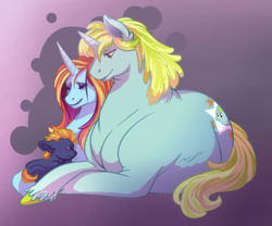 Size: 1200x1000 | Tagged: safe, artist:lionheartlullabye, sassy saddles, whoa nelly, oc, oc:endorphin rush, earth pony, pony, unicorn, g4, bbw, colt, crack shipping, crying, eyes closed, eyeshadow, fat, female, floppy ears, frown, gradient background, larger female, lesbian, lidded eyes, magical lesbian spawn, makeup, male, mare, obese, offspring, parent:sassy saddles, parent:whoa nelly, parents:whoasaddles, physique difference, prone, running makeup, shipping, size difference, skinny, smaller female, smiling, thin, unshorn fetlocks, wavy mouth, whoasaddles