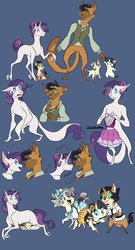 Size: 656x1217 | Tagged: safe, artist:baylard, capper dapperpaws, rarity, oc, oc:celestine, oc:clarity, oc:ramsey, abyssinian, cat, classical unicorn, hybrid, pony, unicorn, anthro, digitigrade anthro, g4, my little pony: the movie, abyssinianfied, abyssinianized, anthro with ponies, blue background, capperity, catified, clothes, cloven hooves, female, horn, interspecies offspring, kitten, leonine tail, male, mare, offspring, parent:capper dapperpaws, parent:rarity, parents:capperity, raricat, shipping, simple background, species swap, story included, straight, unshorn fetlocks