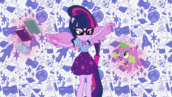 Size: 1920x1080 | Tagged: safe, screencap, sci-twi, spike, spike the regular dog, twilight sparkle, dog, human, equestria girls, g4, my little pony equestria girls: better together, book, clothes, duo, female, geode of telekinesis, glasses, intro, levitation, magic, magical geodes, ponied up, ponytail, skirt, smiling, telekinesis, wings