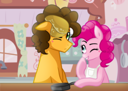 Size: 1284x920 | Tagged: safe, artist:sapphireartemis, cheese sandwich, pinkie pie, pony, g4, apron, clothes, female, food, male, pancakes, ship:cheesepie, shipping, straight