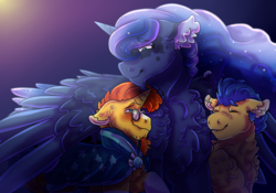 Size: 3333x2333 | Tagged: safe, artist:venomlion3, flash sentry, princess luna, sunburst, pony, g4, bisexual, crack shipping, female, gay, high res, lunaburst, lunaflashburst, lunasentry, male, polyamory, ship:flashburst, shipping, straight