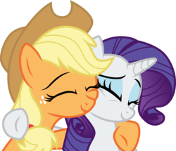 Size: 3486x3000 | Tagged: safe, artist:cloudy glow, applejack, rarity, earth pony, pony, unicorn, g4, my little pony best gift ever, best friends, clothes, female, freckles, hat, high res, hug, mare, shipping fuel, simple background, smiling, transparent background, vector