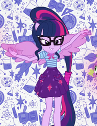 Size: 840x1080 | Tagged: safe, screencap, sci-twi, spike, spike the regular dog, twilight sparkle, dog, equestria girls, g4, my little pony equestria girls: better together, clothes, cropped, female, geode of telekinesis, glasses, intro, magical geodes, offscreen character, ponied up, ponytail, sci-twilicorn, skirt, smiling, wings