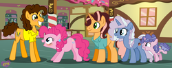 Size: 1024x407 | Tagged: safe, artist:kittypaint08, cheese sandwich, pinkie pie, oc, oc:happy party, oc:summer party, oc:sweet party, pony, g4, female, half-siblings, male, offspring, parent:cheese sandwich, parent:party favor, parent:pinkie pie, parent:pokey pierce, parents:cheesepie, parents:partypie, parents:pokeypie, ship:cheesepie, shipping, straight